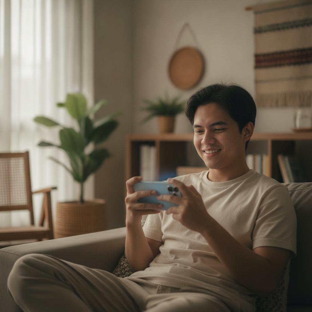 Filipino player holding smartphone ready to start online gaming